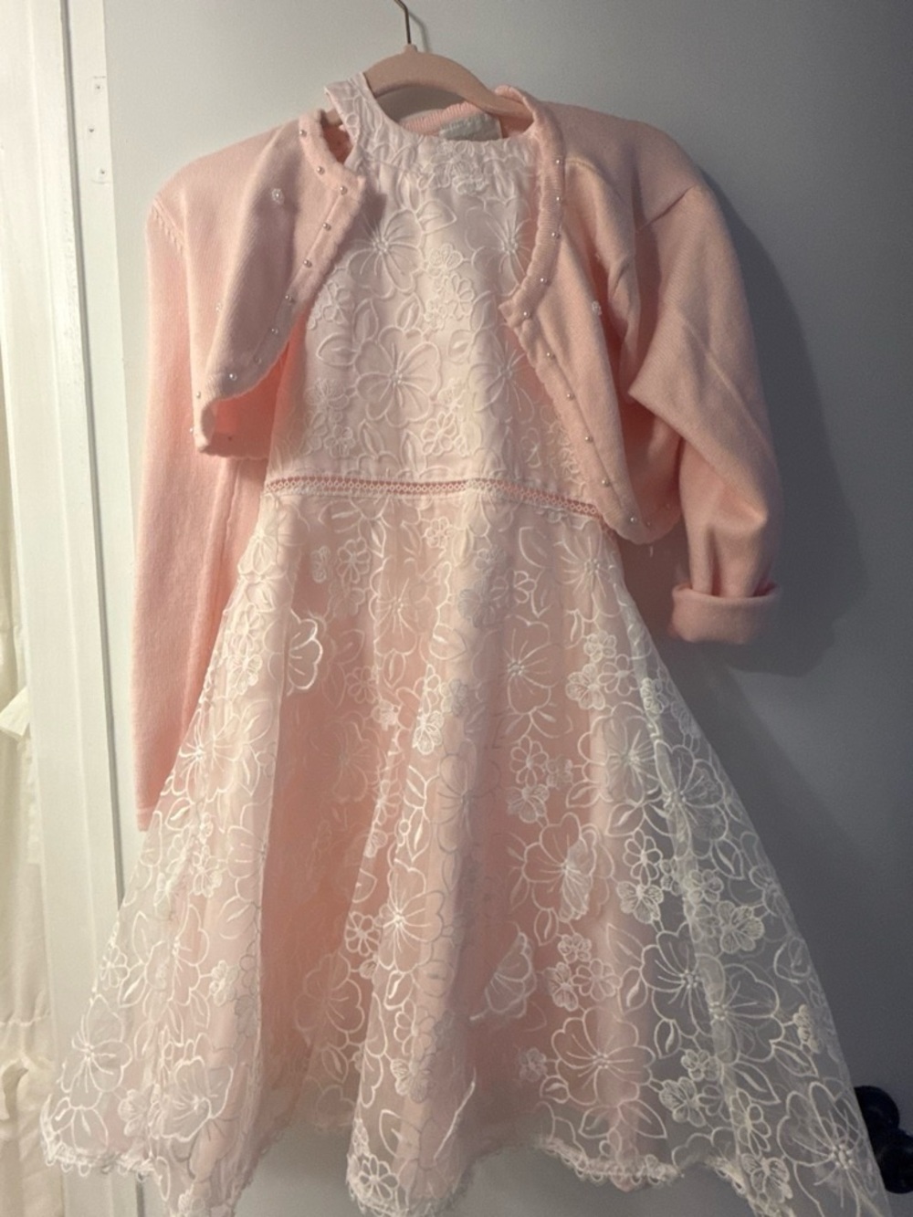 Rare Editions Pink Lace Overlay Party Dress with Pearl-Trim Cardigan